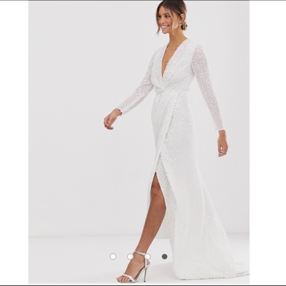 White Sequinned Long Sleeve White Dress